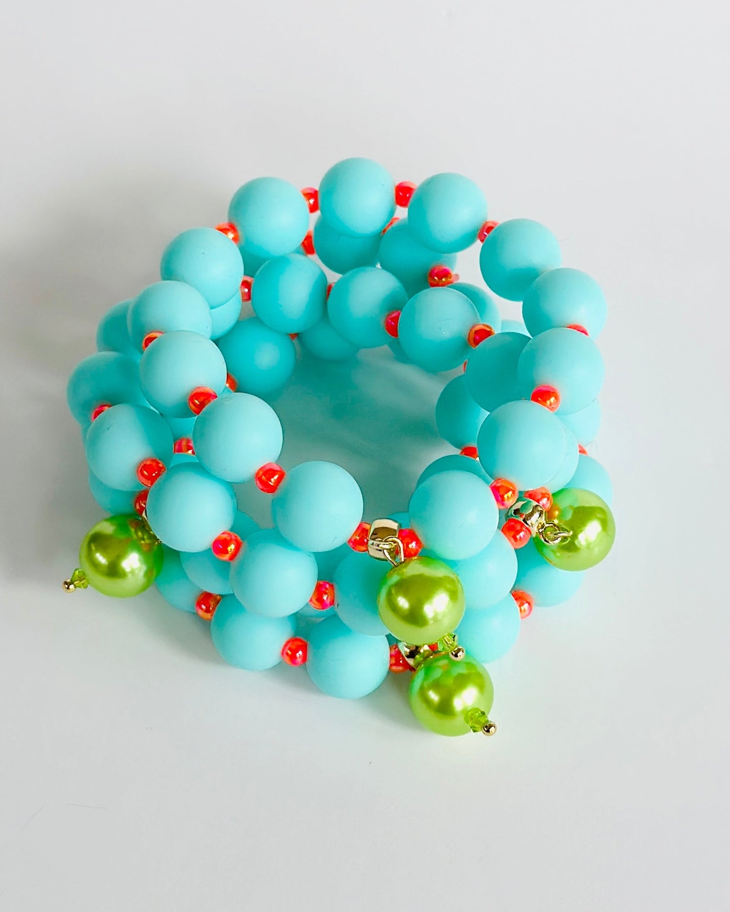 Beau turquoise + deep neon orange beaded bracelet, lime pearl charm