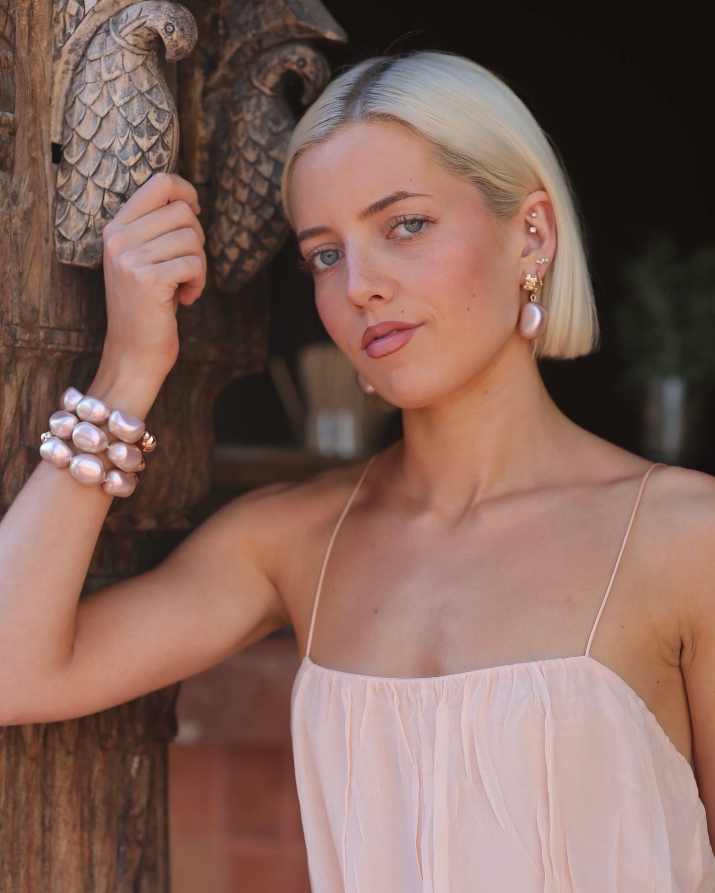 Bebe handmade dusty rose crystal pearl + 14k gold plated earrings