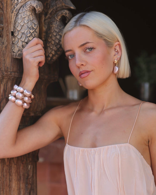 Bebe handmade dusty rose crystal pearl + 14k gold plated earrings