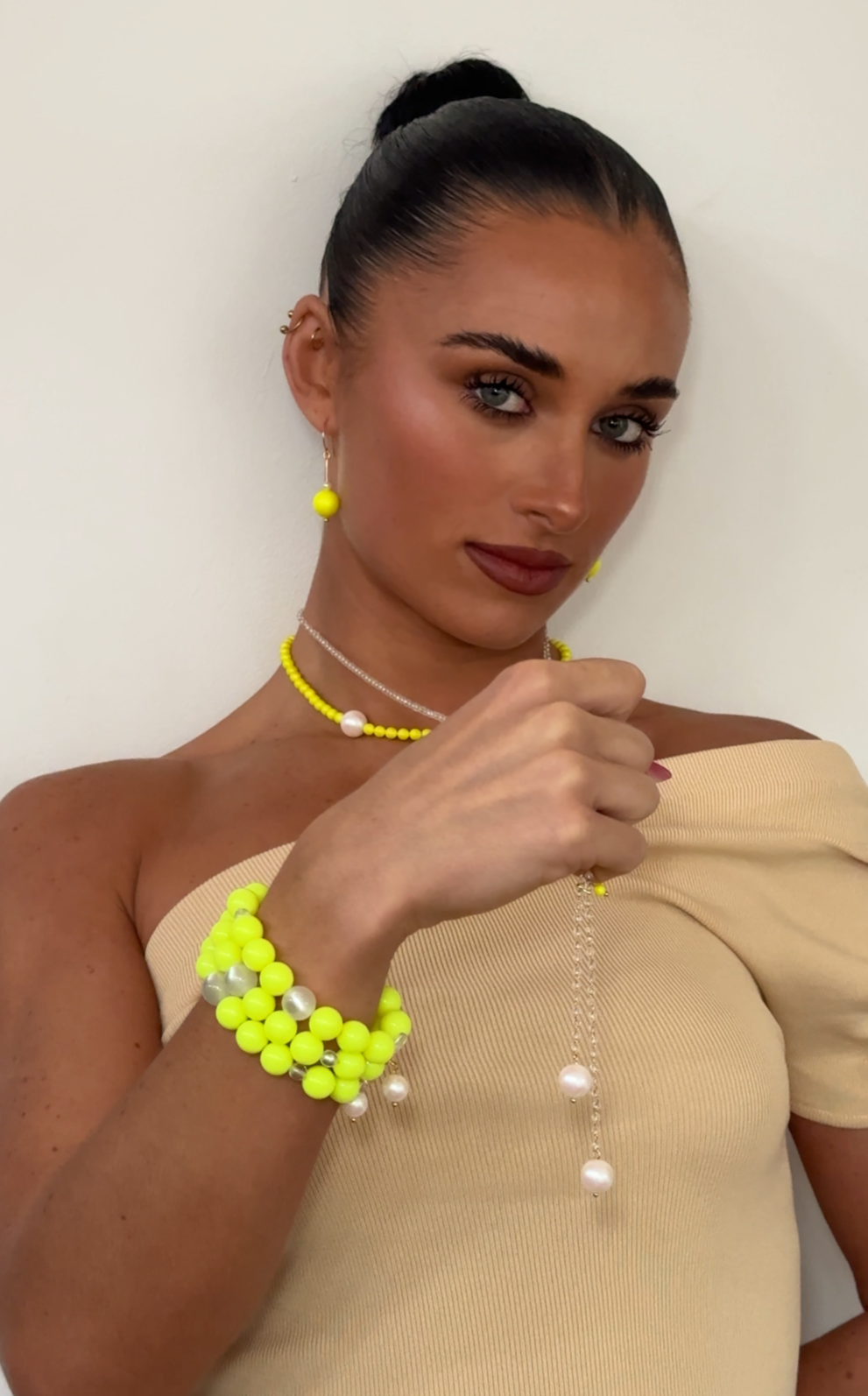 Lia white pearl + hint of neon yellow multi wear necklace