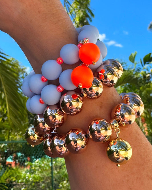 Beau bracelet in blue + neon orange, neon orange crystal pearl charm