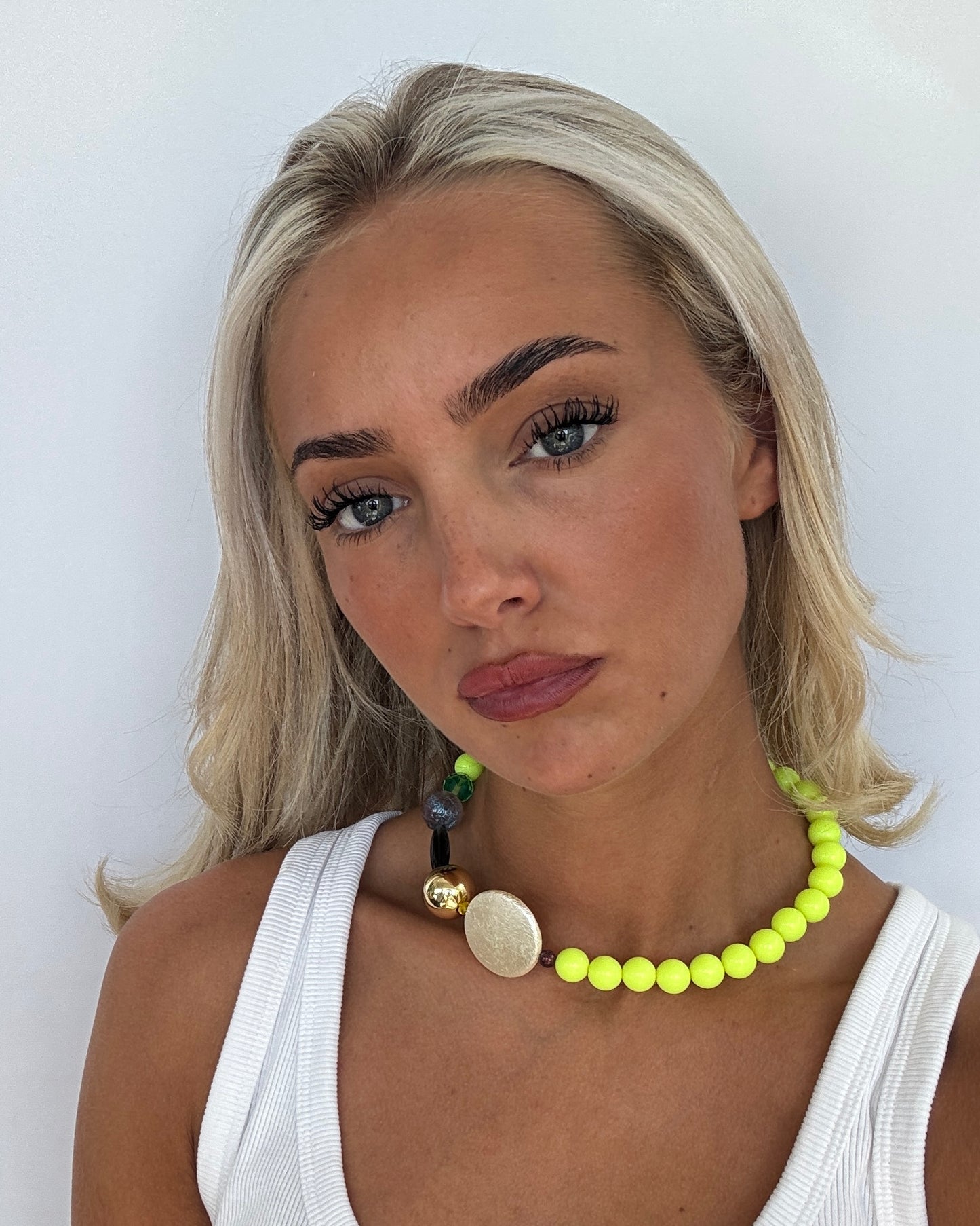 Juju neon yellow necklace with crystal, vintage bead + pearl choker