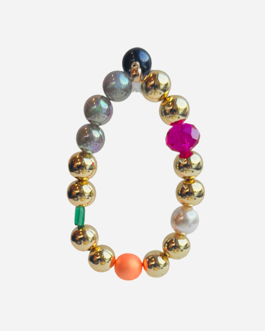 Juicy Lucy tangerine, fuschia, green crystal gold bracelet, drop crystal pearl charm