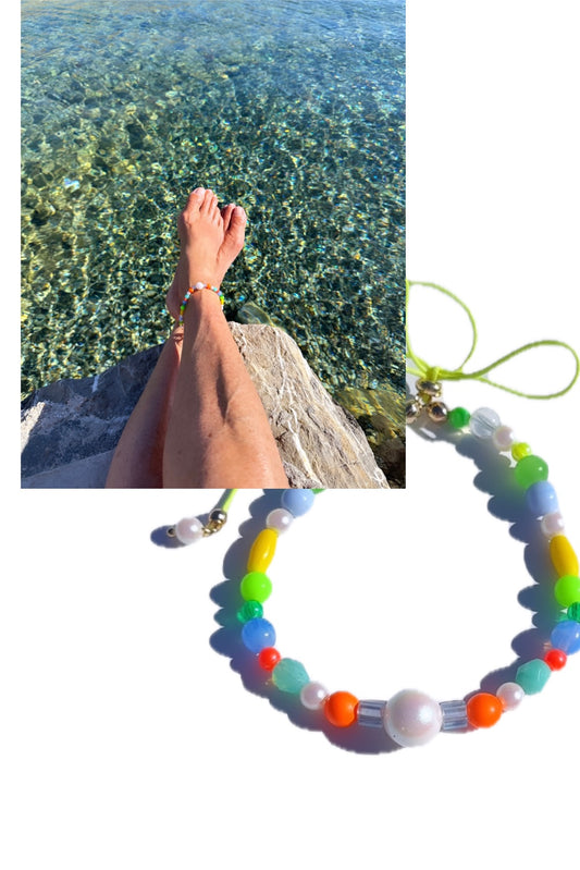 Multi coloured silk threaded tie anklet, pearl charms