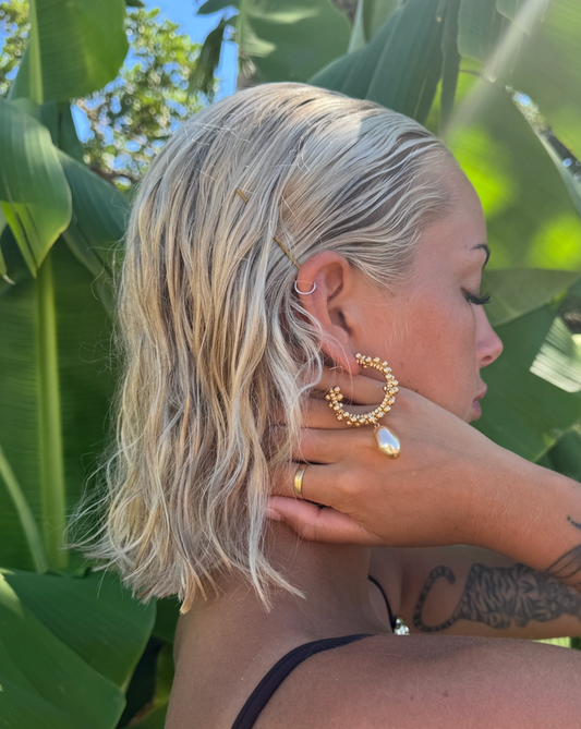 Catrina gold filled hoops, drop vintage lucite pearl charm