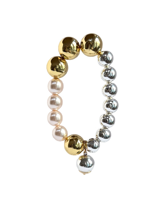 Snow drop gold, silver + softest pink crystal pearls bracelet, drop silver charm