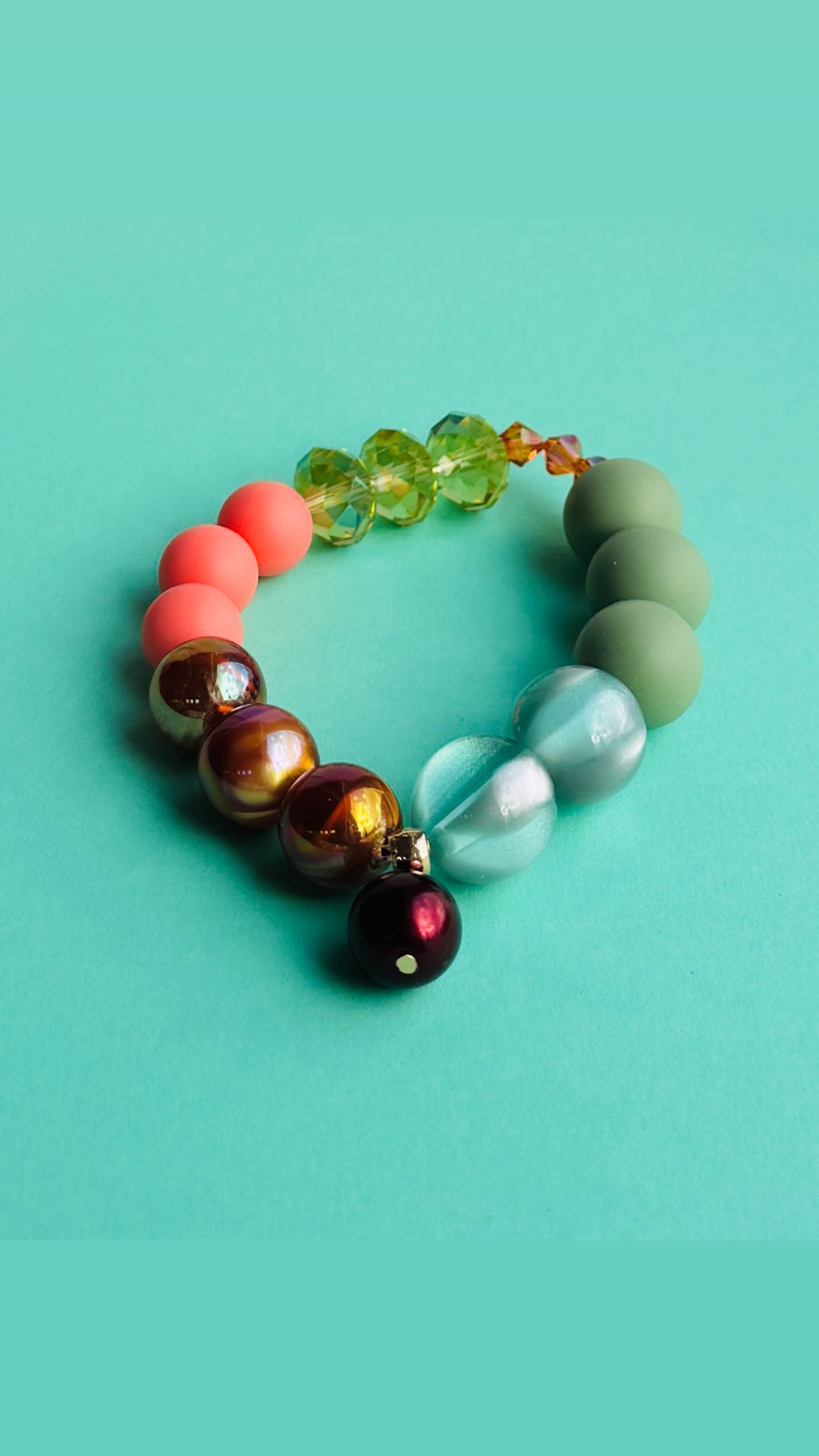 Lime zest, peach crunch, drop pearl beaded bracelet