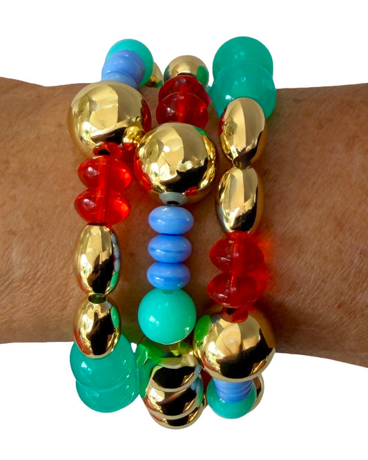 Kelly kiss aqua, tango, red carnelian, crystal, gold + vintage beaded bracelet