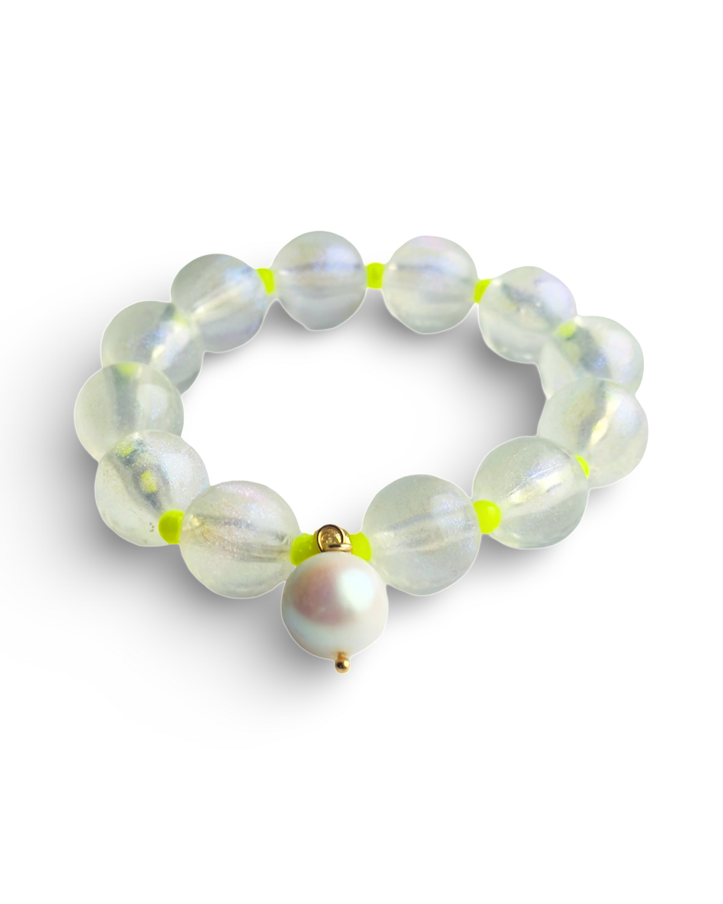 Pop icicle white + neon yellow beaded bracelet, white pearl charm