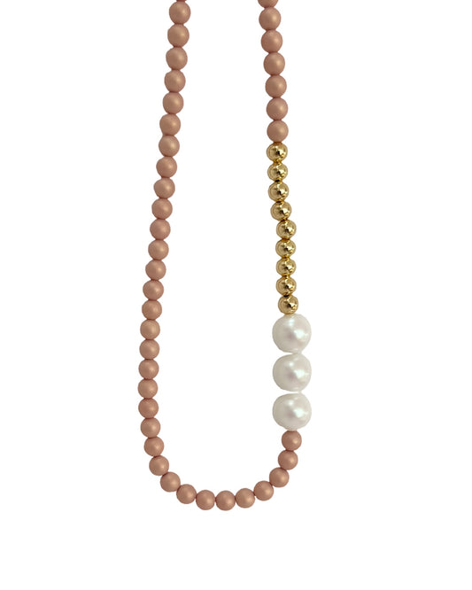 Bonnie bell dusty rose + white iridescent crystal pearl + gold necklace