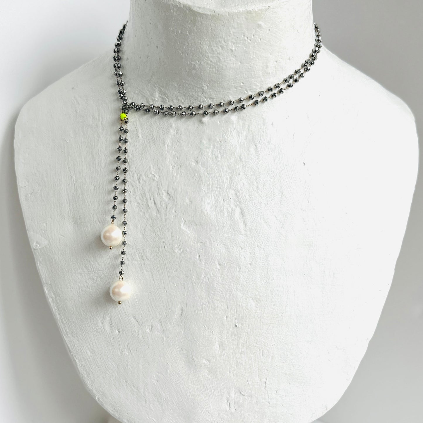 Lia hematite + Austrian crystal pearl long drop multi wear necklace