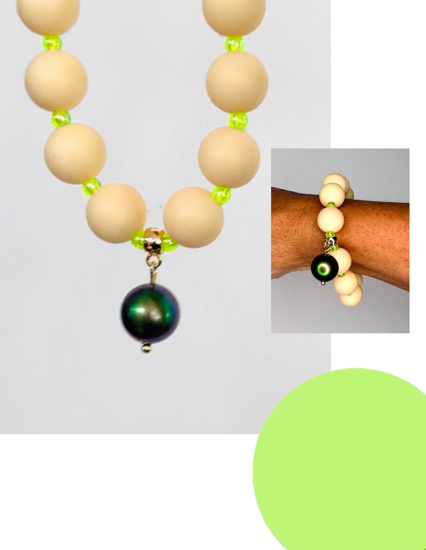 Beau vanilla + lime beaded bracelet, Austrian crystal drop charm