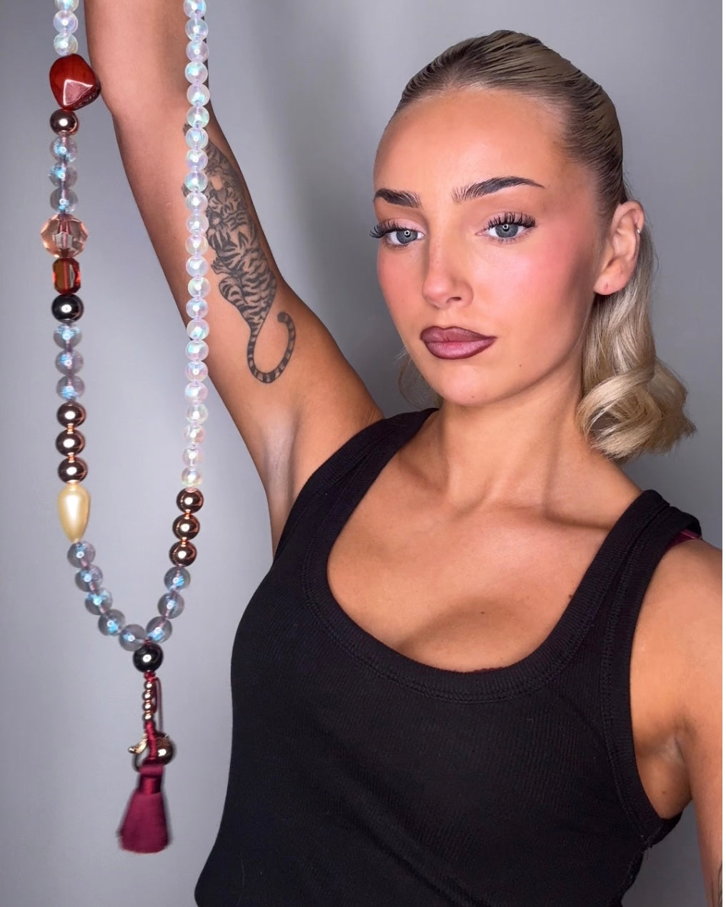 Valentino burgundy silk, fringe, multi bead, gold + vintage beaded phone strap