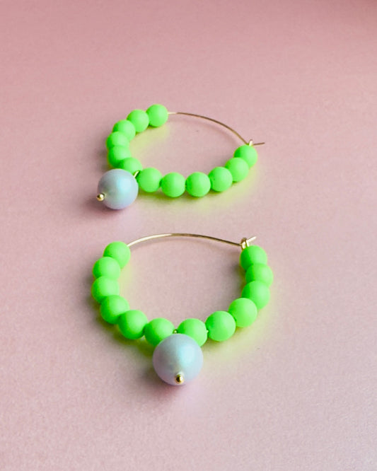 Colour queen bright green hoop+ blue crystal pearl hoop earrings