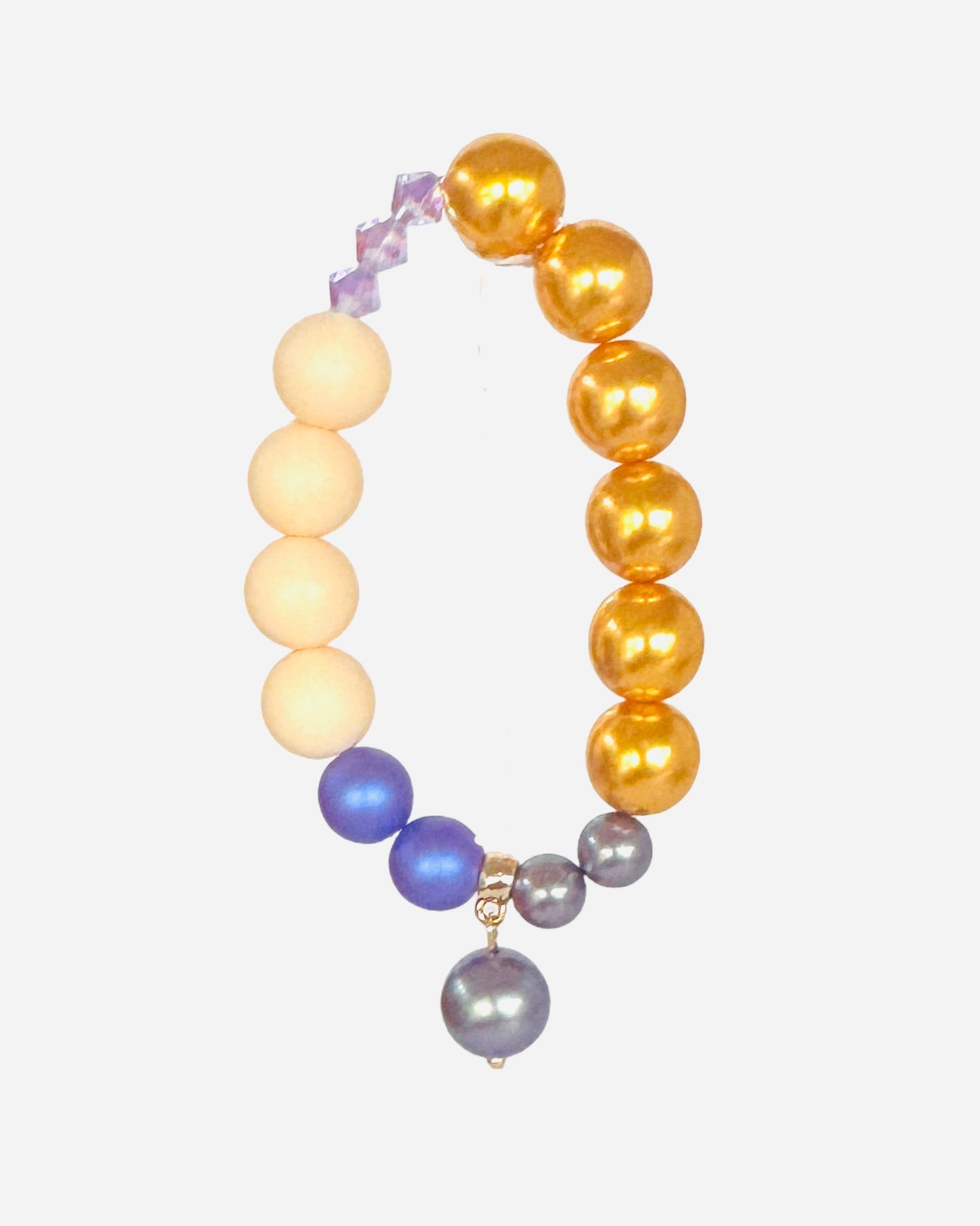 Golden crunch, iridescent purple  squeezy crystal, crystal pearl beaded bracelet, crystal pearl charm
