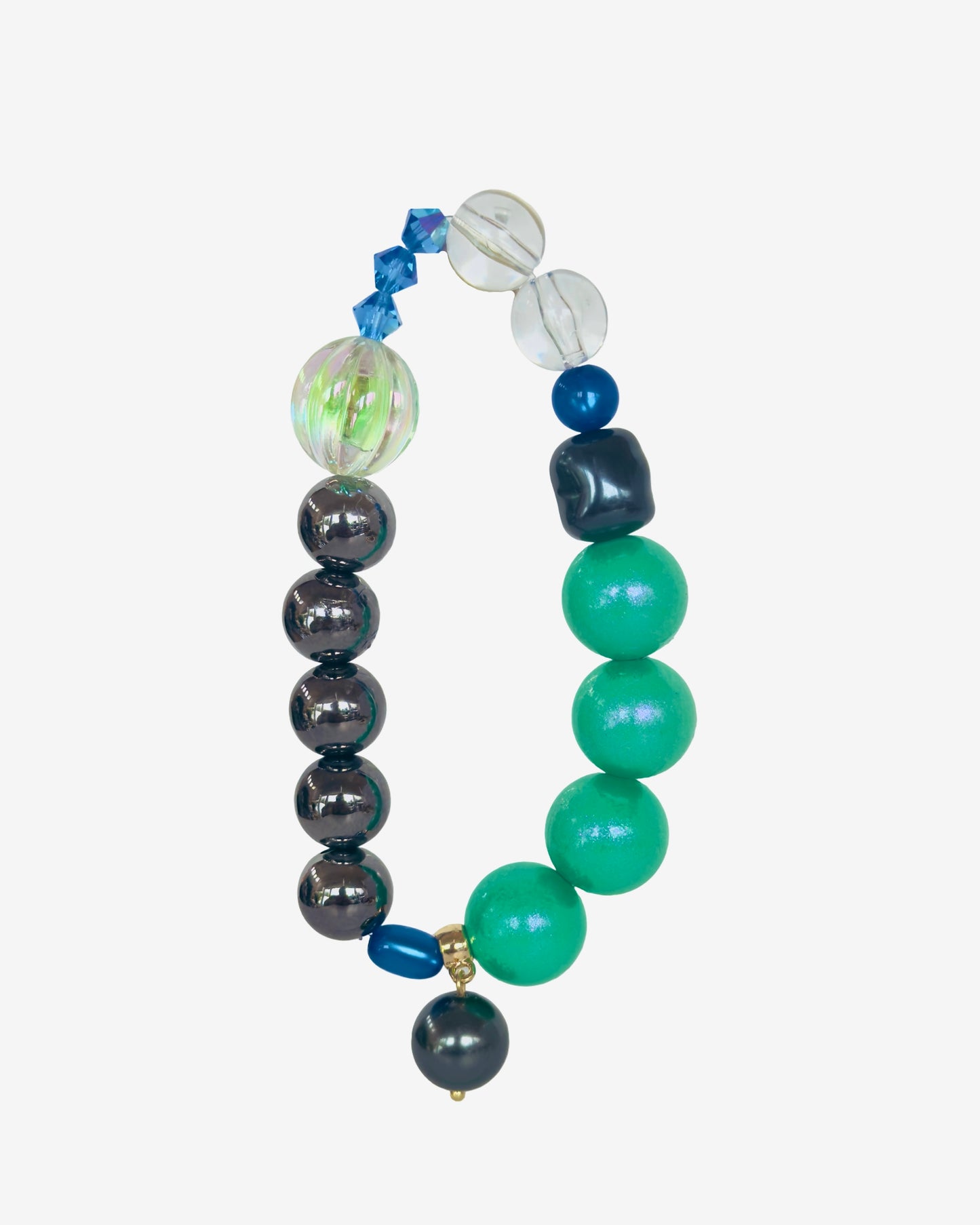 Lottie gloss French green, crystal + vintage beaded, drop crystal pearl charm bracelet