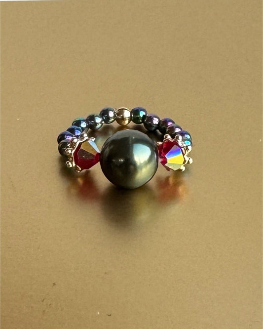 Olive whisper pearl crystal ring