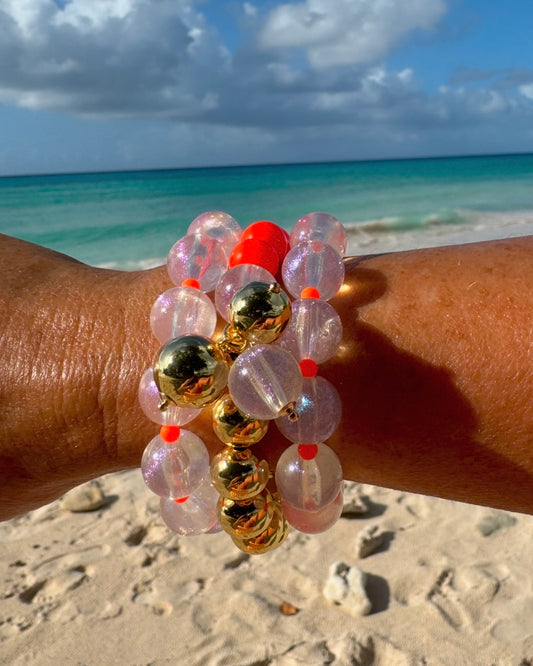 Pop icicle white + neon orange beaded bracelet, white pearl charm