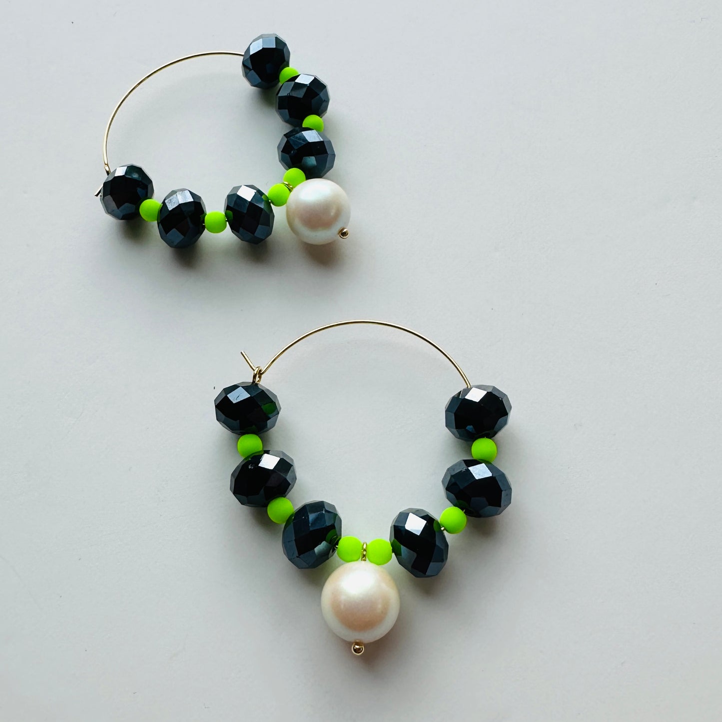 Jet magic + neon lime pearl drop hoops