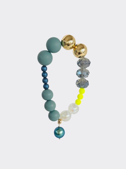 Mimi Luxe deep grey, neon yellow + gold beaded bracelet, drop crystal pearl charm