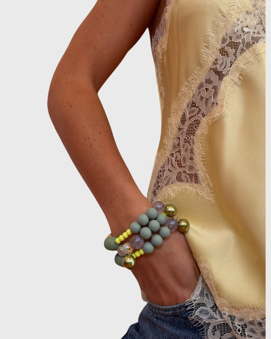 Mimi Luxe soft grey, pretty yellow + gold beaded bracelet, drop crystal pearl charm