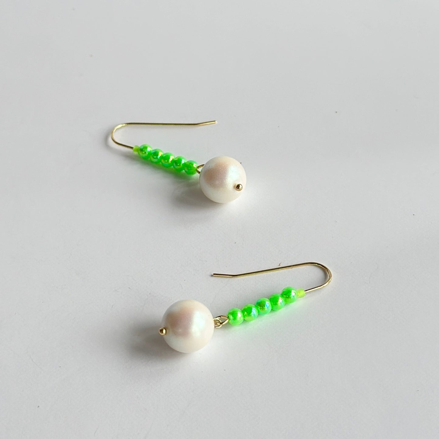 Pearl + neon green drop earrings