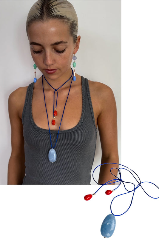 Serena silk cord blue + Burnt orange wrap necklace