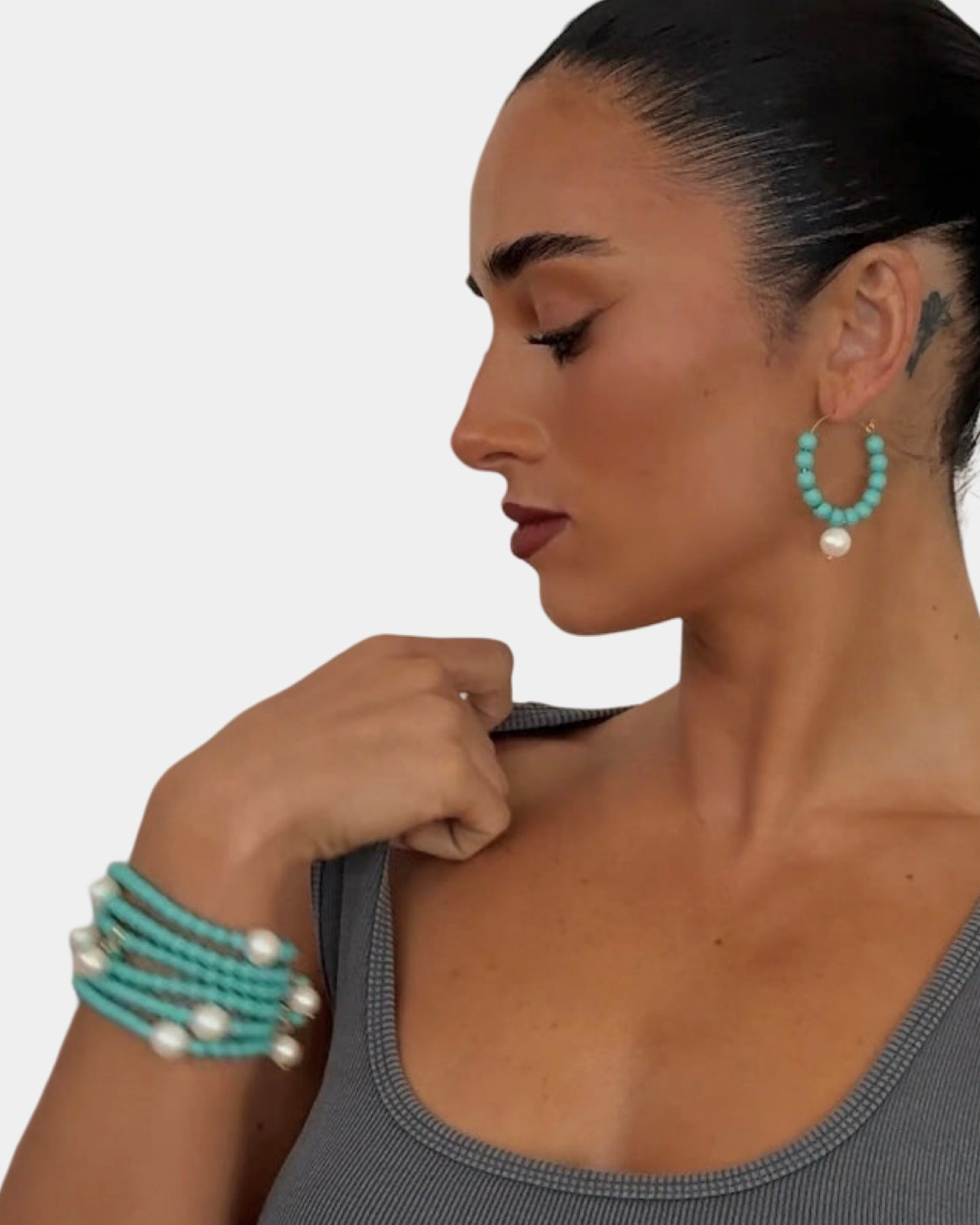 Candy Land turquoise Crystal pearl hoop earrings