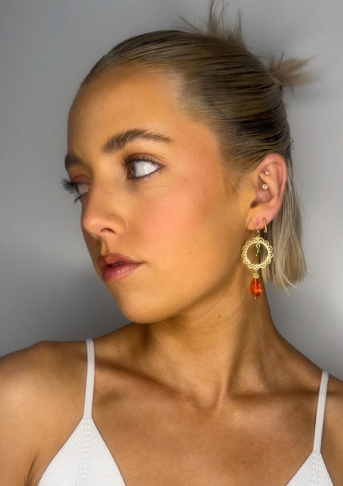 Tangerine + green crystal drop filigree earrings