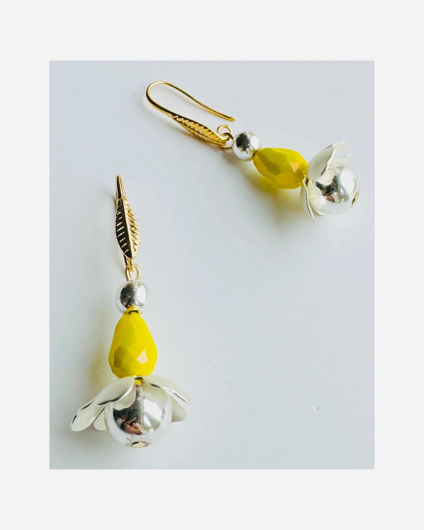 Dora yellow, silver + gold drop earrings