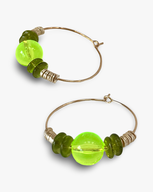 Fern soft neon lime crystal, gold hoop earrings