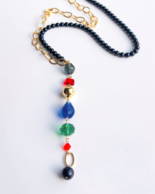 Georgia multi wear navy pearl, gold + Czech crystal necklace