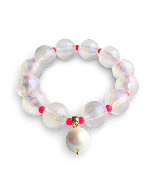 Pop icicle white + neon pink beaded bracelet, white pearl charm