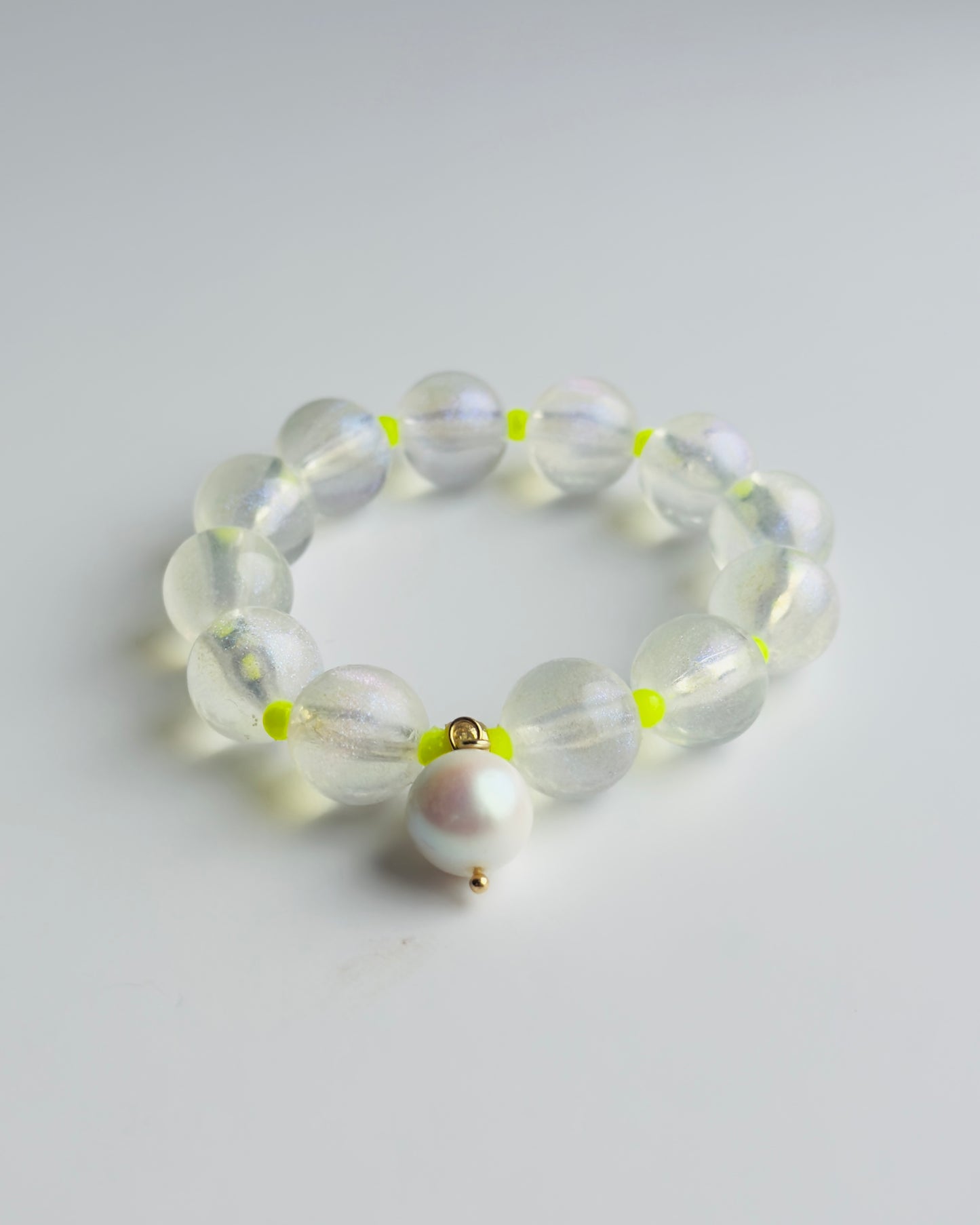 Pop icicle white + neon yellow beaded bracelet, white pearl charm