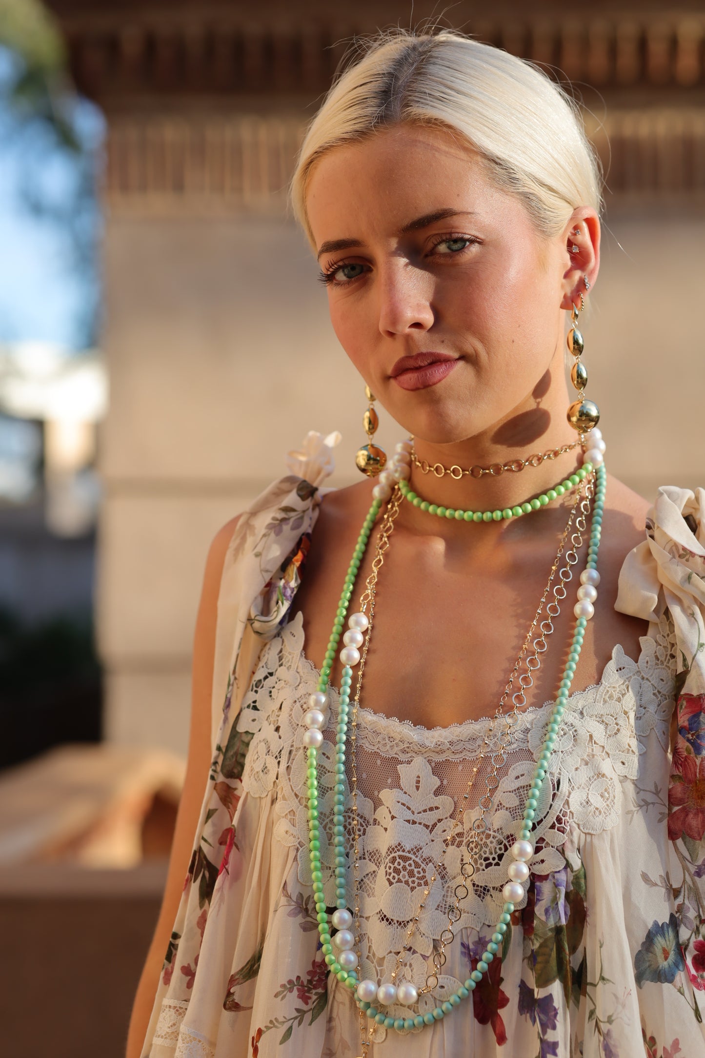 Barberella mint + white crystal beaded and gold long drop necklace