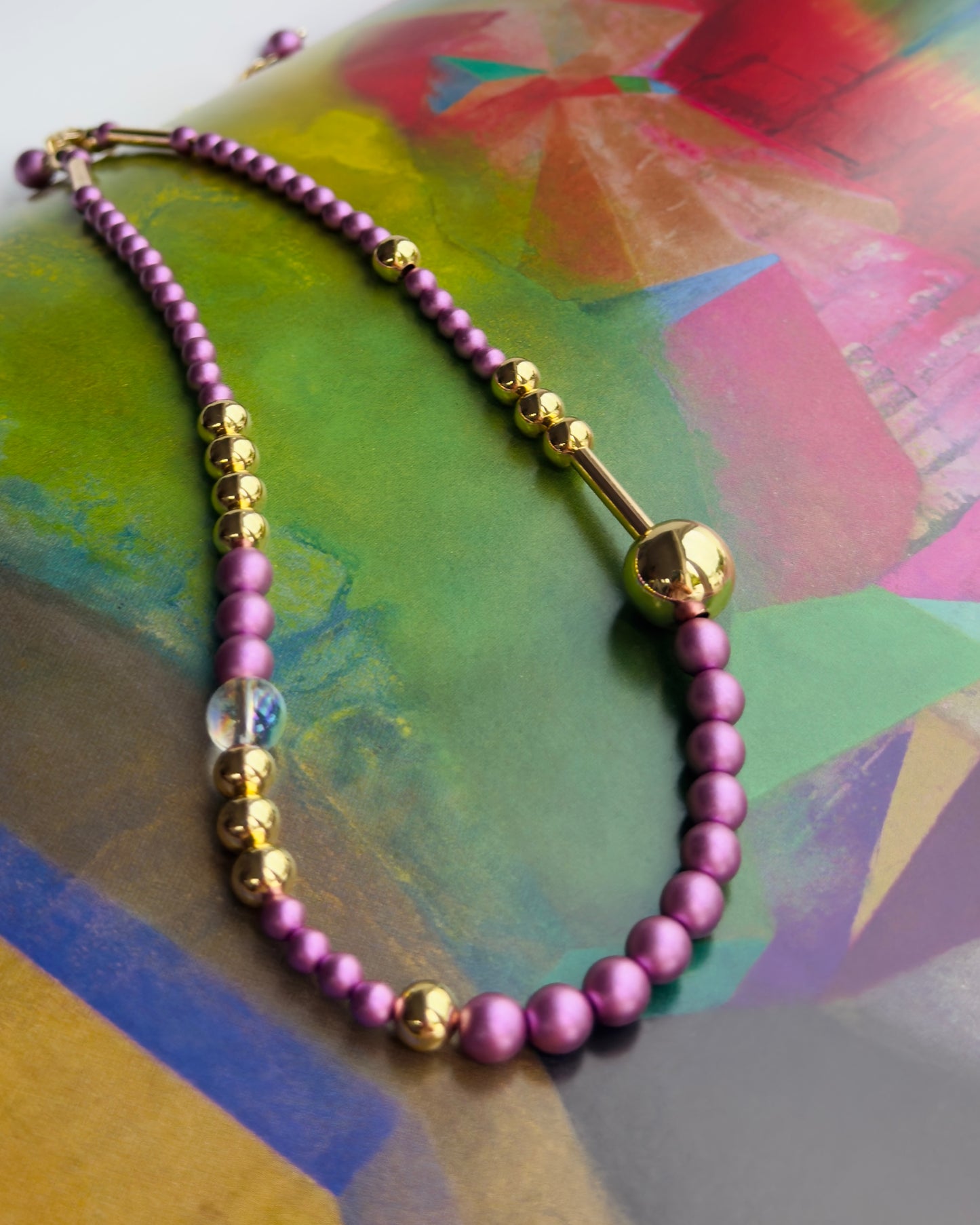 Rainbow princess grape pearl + gold choker