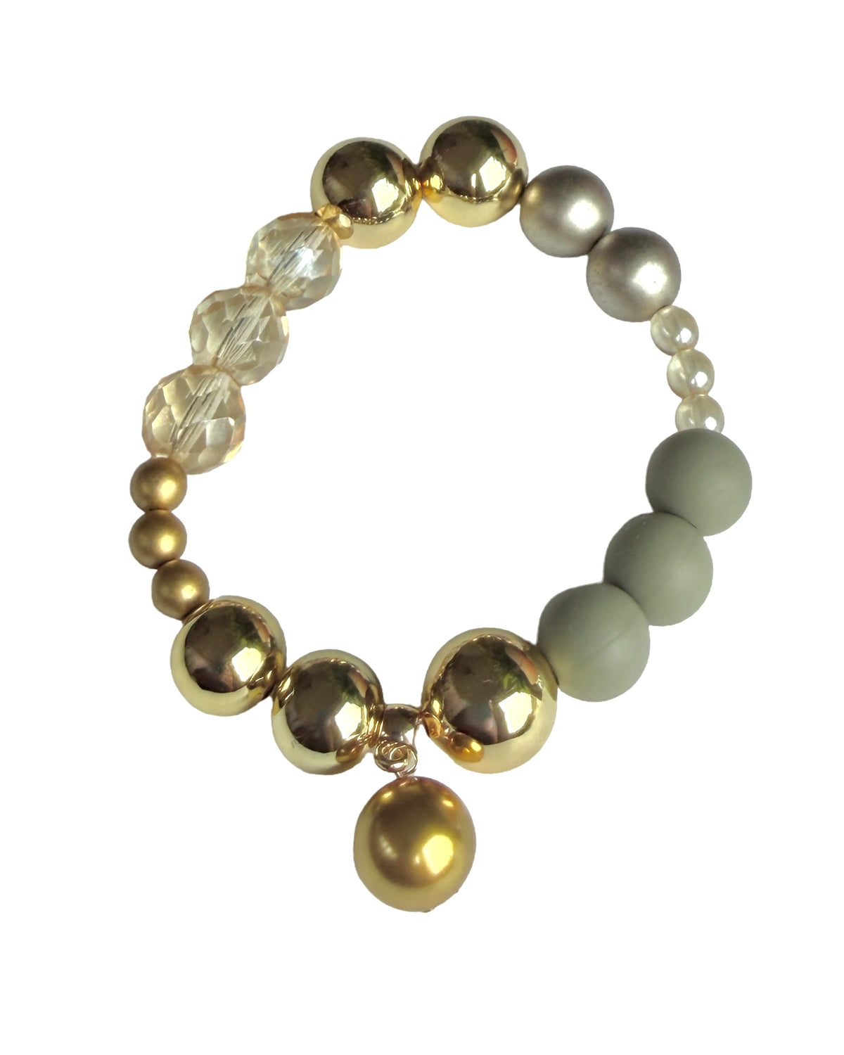 LOVE Beth Mimi Love Luxe Gold Sage Bracelet with oversized gold beads, sage green beads, champagne crystal and pearl details.