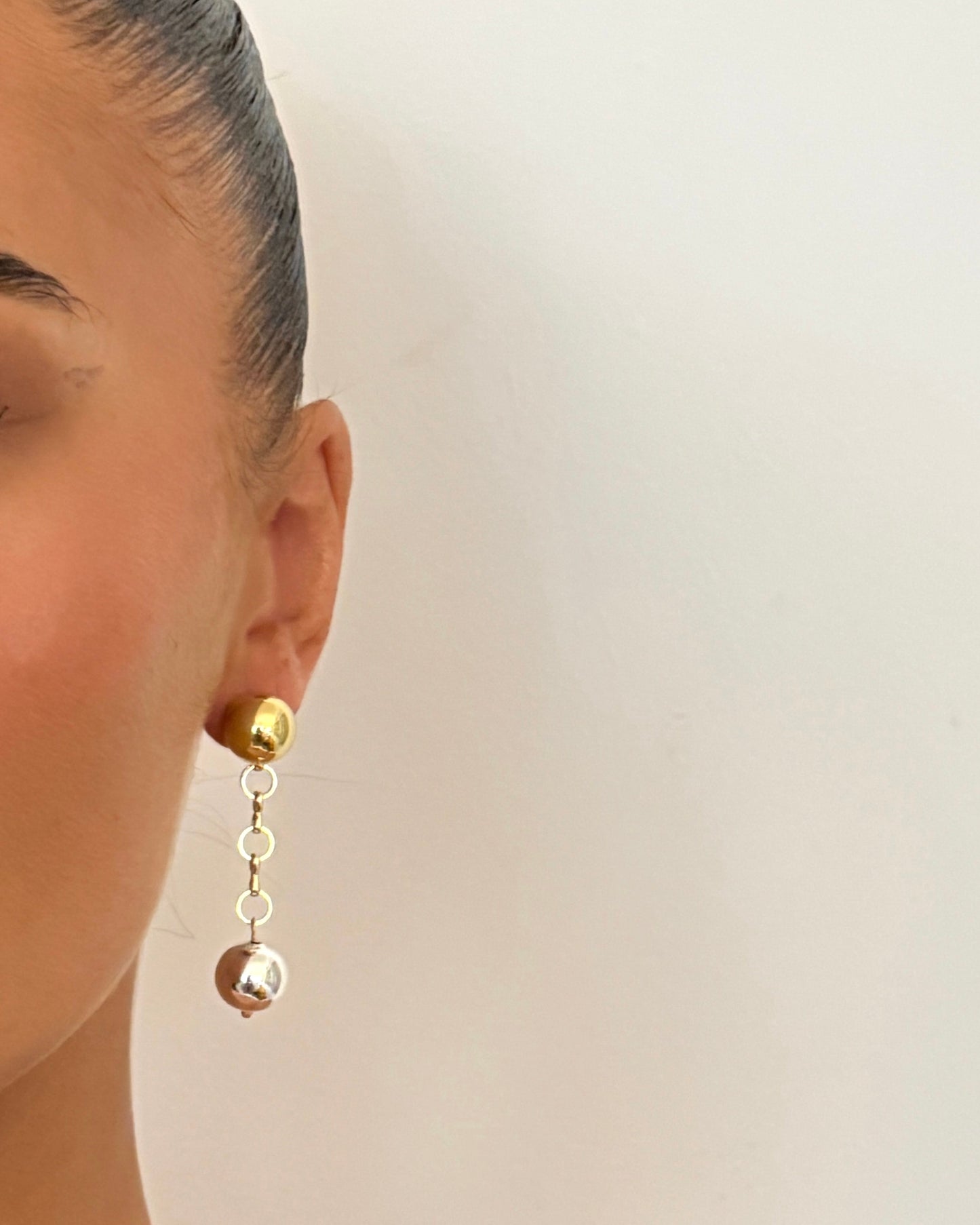 Gold stud, drop back silver beaded charm earrings