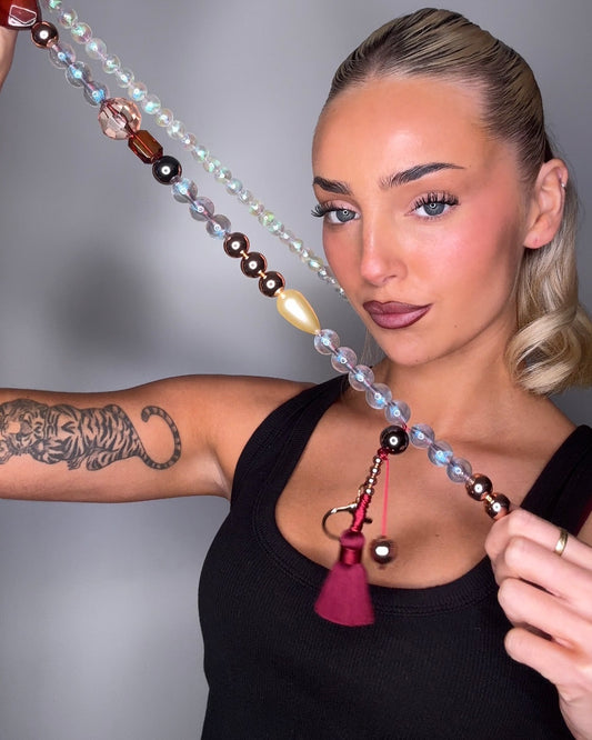 Valentino burgundy silk, fringe, multi bead, gold + vintage beaded phone strap