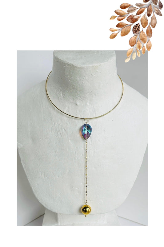 Ella gold collar with crystal + vintage gold ball drop pendant