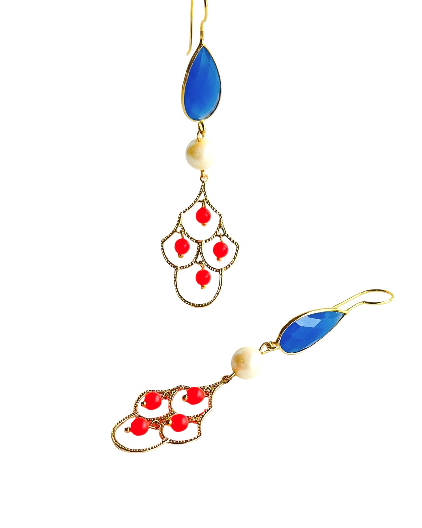 Daska drop filigree earrings in royal blue + neon red