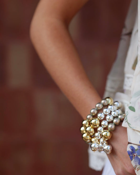 Snow drop gold, silver + deep golden green crystal pearl bracelet, drop silver charm