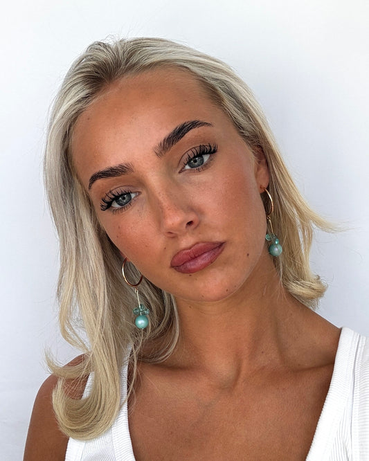 Ballerina girl soft turquoise pearl crystal drop hoop earrings
