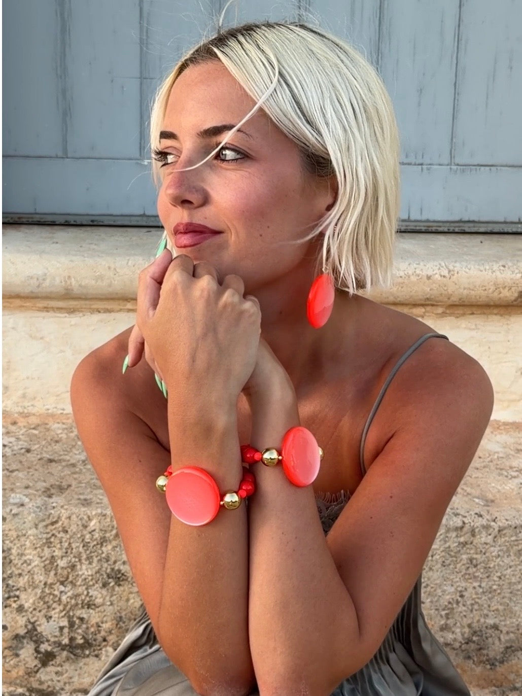 Disco queen neon strawberry disc bracelet