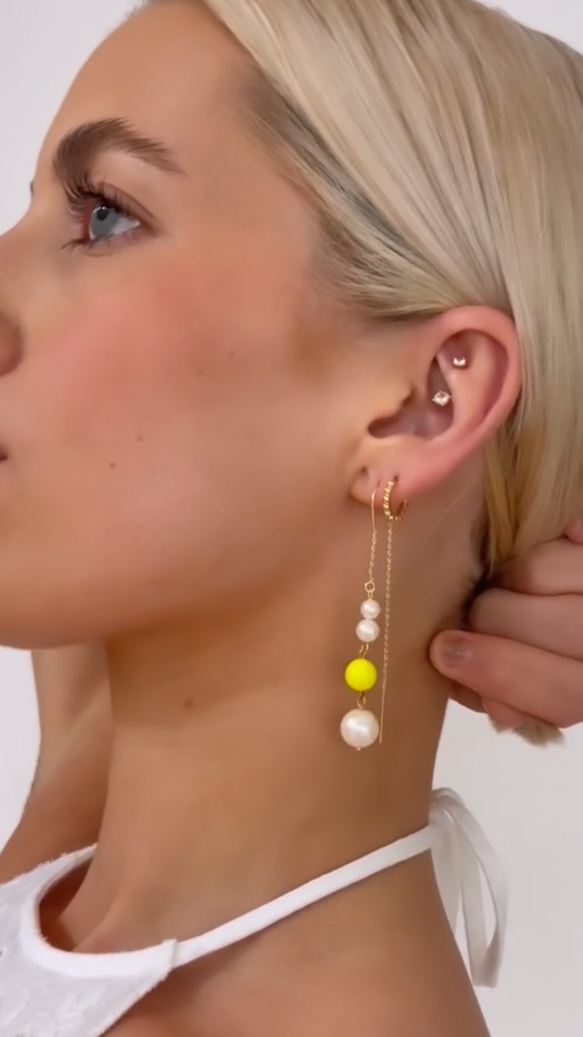 Cascade pearl + neon yellow drop earrings