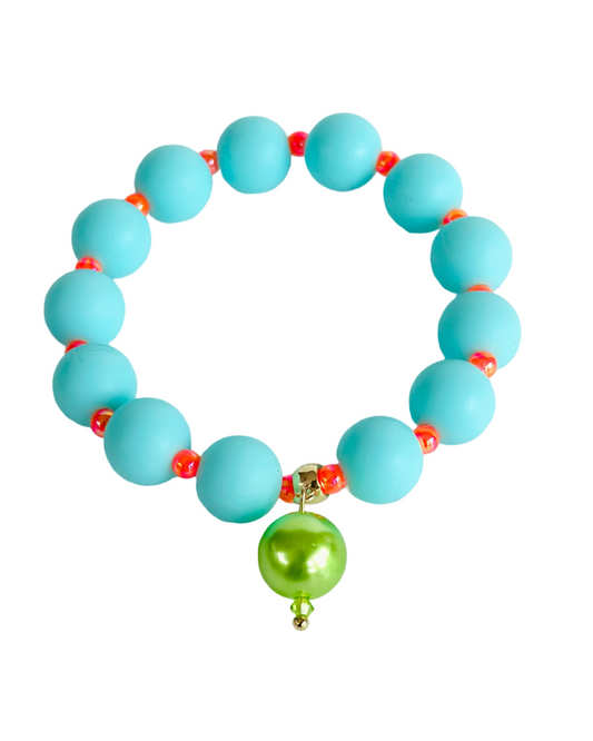 Beau turquoise + deep neon orange beaded bracelet, lime pearl charm