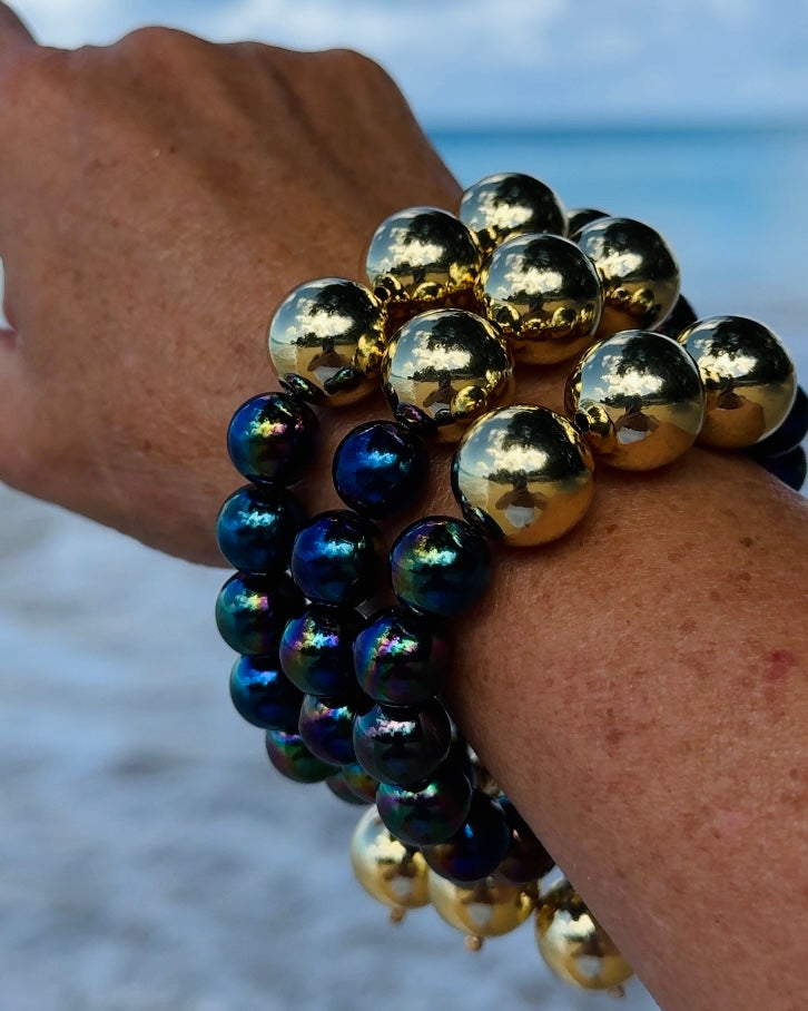 Honey glow deep navy + gold drop large ball charm bracelet