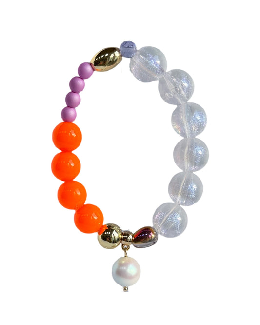 Tweety pie neon tango, lilac gold, crystal beaded bracelet, drop crystal pearl charm