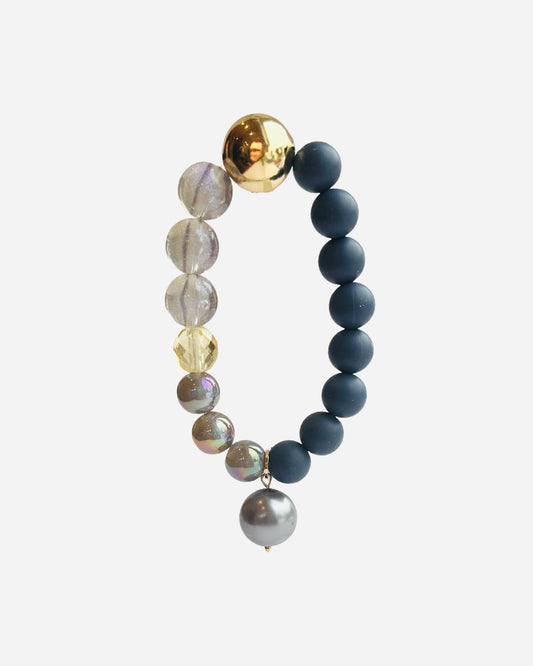 Juju glint navy, lemon, gold beaded bracelet, crystal pearl charm