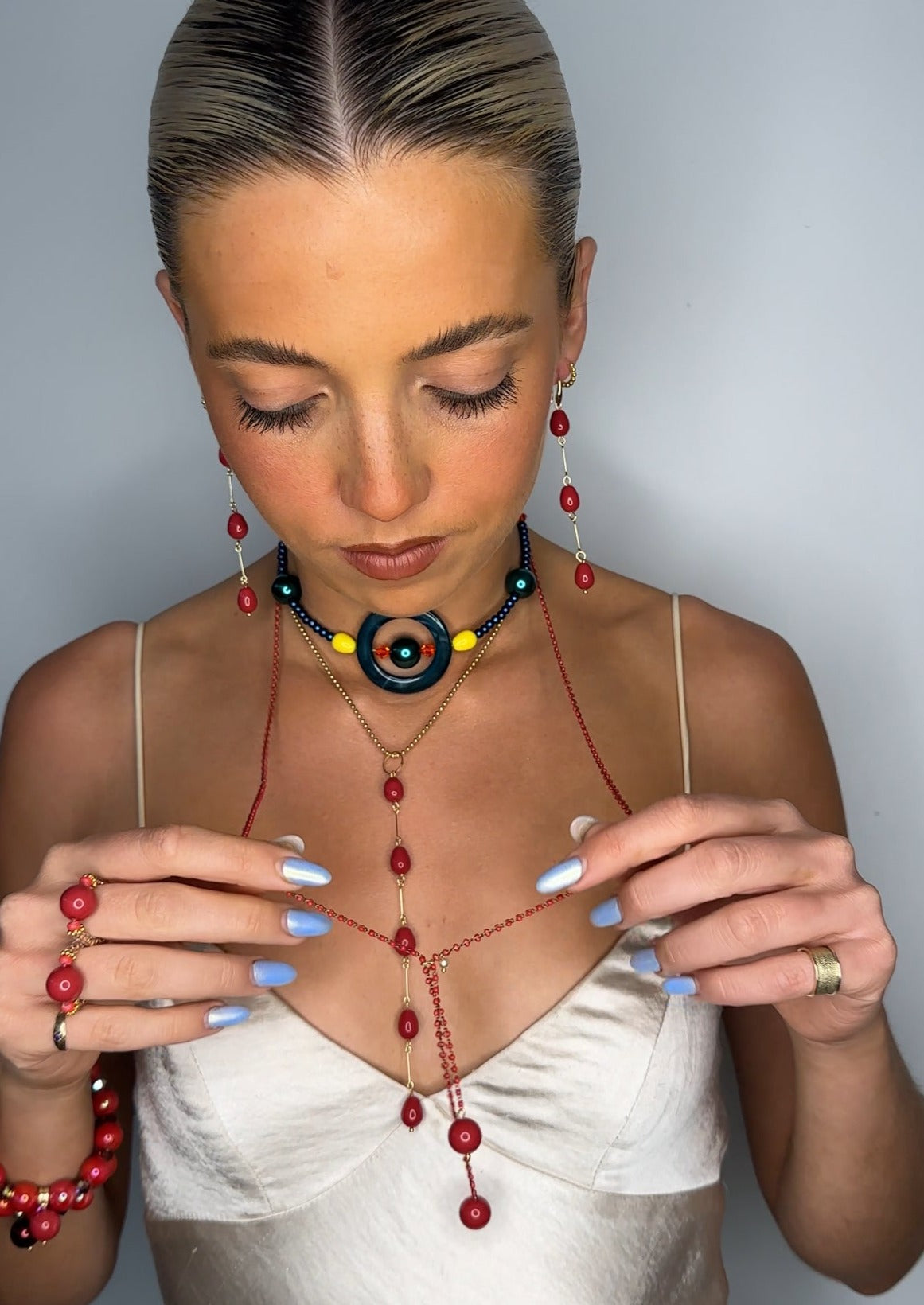 Lia Necklace in cherry red + drop red crystal Matt pearls